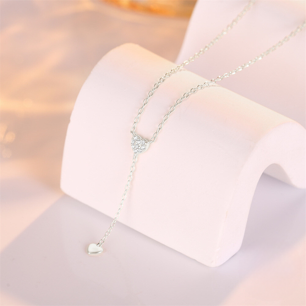925 Sterling Silver New Y-shaped Double Heart Tassel Pendant Necklace With Crystal Accents
