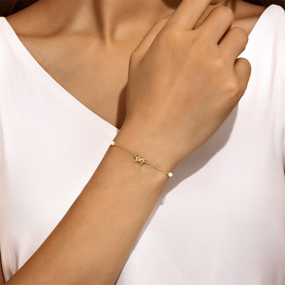 925 Sterling Silver Pearl Beaded Zircon Butterfly Bracelet Korean Fashion Minimalist Small Chain Accessory