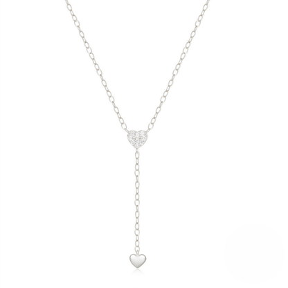925 Sterling Silver New Y-shaped Double Heart Tassel Pendant Necklace With Crystal Accents