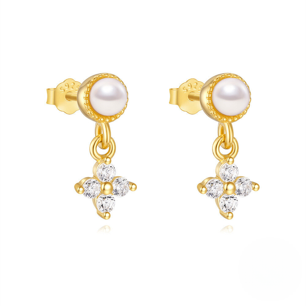 925 Sterling Silver Fashionable Petal Zircon And Pearl Earrings Korean Style Minimalist Studs