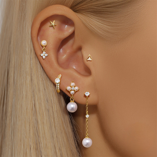 925 Sterling Silver Fashionable Petal Zircon And Pearl Earrings Korean Style Minimalist Studs