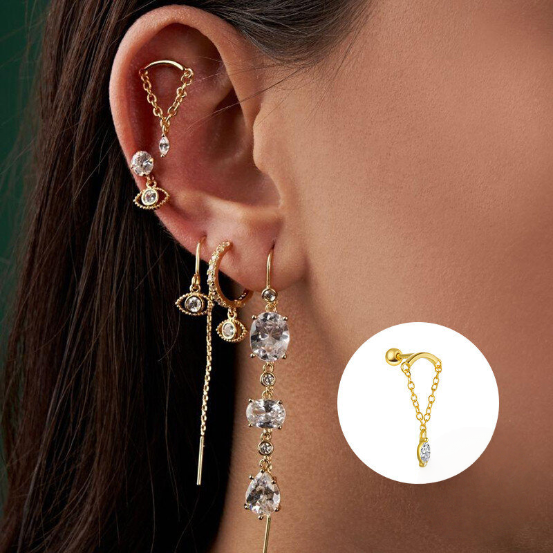 925 Sterling Silver Zircon-studded Fringe Chain Threaded Cartilage Earrings Trendy Ins Style