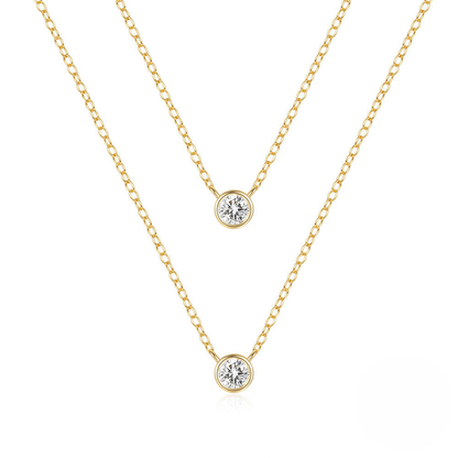 S925 Sterling Silver Double Layered Stackable Classic Single Zircon Pendant Necklace