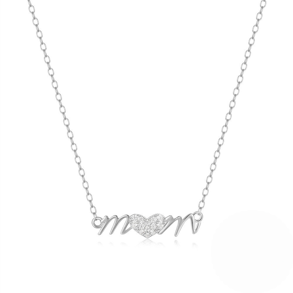 S925 Sterling Silver Heart-shaped Mama Pendant Choker Necklace With Crystal Accents
