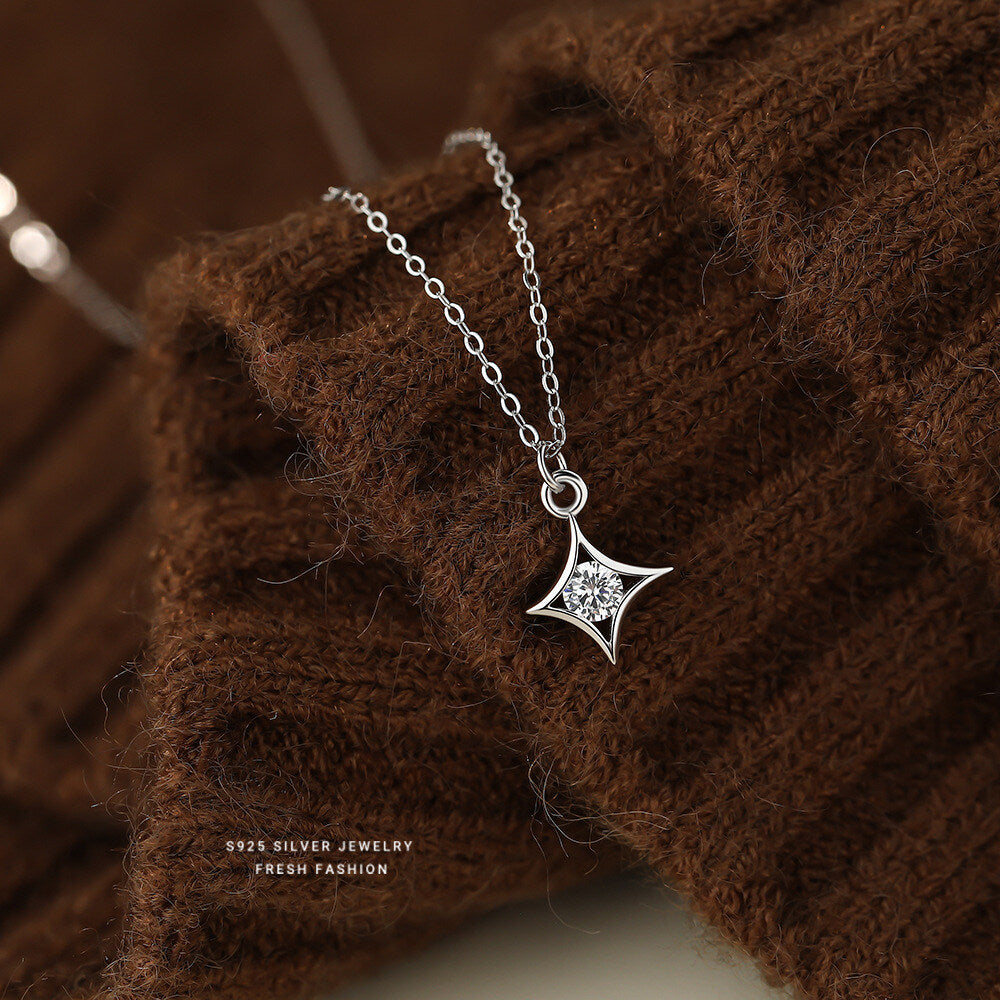 925 Sterling Silver Korean-style Light Luxury Super Sparkling Zirconia Four-pointed Star Necklace For Women Trendy And Versatile Simple Star Collarbone Chain
