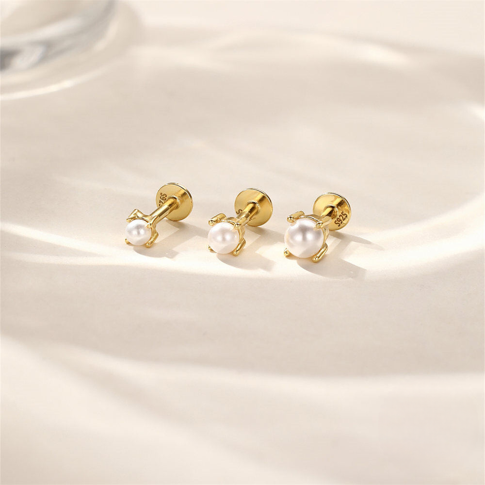 925 Sterling Silver Classic Multi-size Pearl Flat Head Threaded Ear Cartilage Piercing Earrings Korean Japanese Minimalist Style