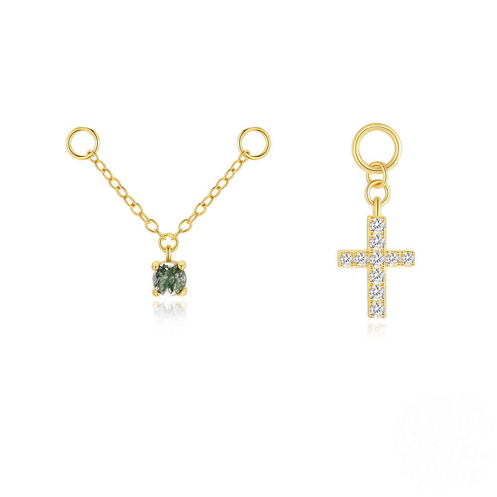 S925 Sterling Silver Design Earrings With Cross Charm Chain Drop And Crystal Accents