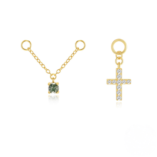 S925 Sterling Silver Design Earrings With Cross Charm Chain Drop And Crystal Accents