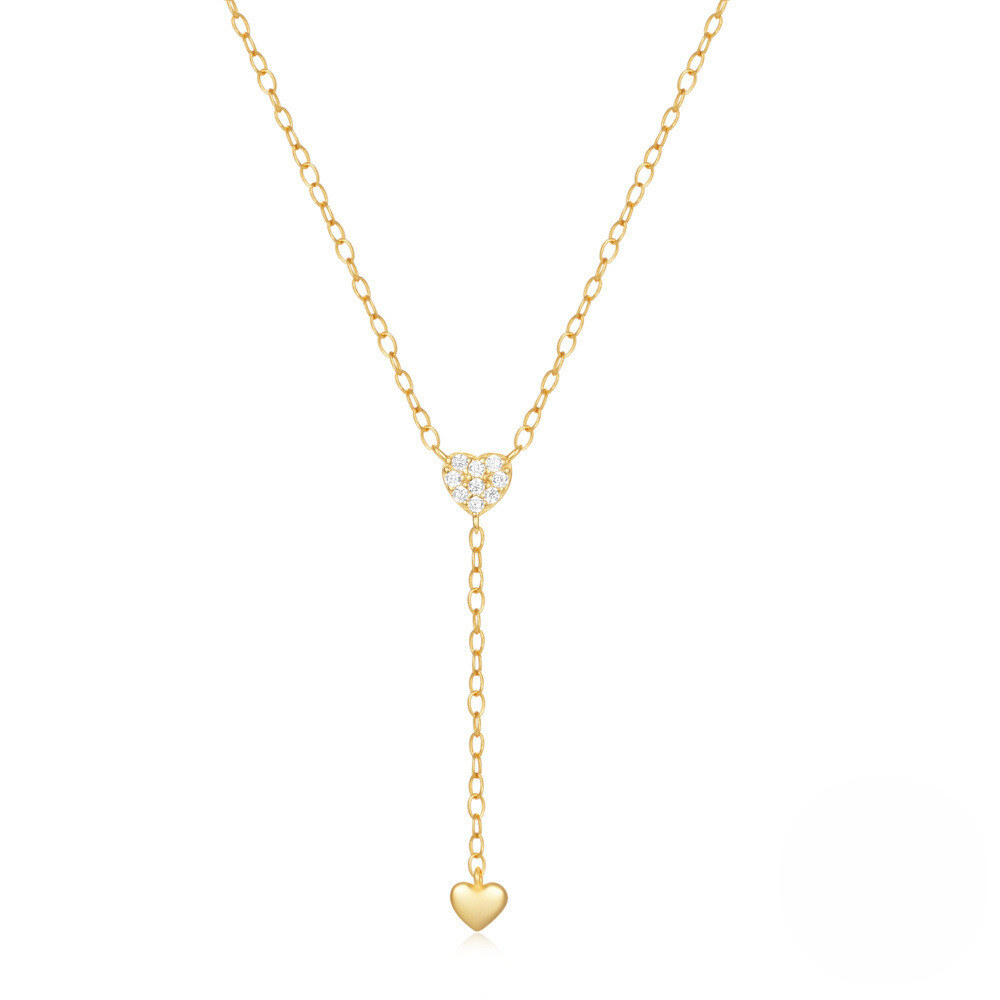 925 Sterling Silver New Y-shaped Double Heart Tassel Pendant Necklace With Crystal Accents