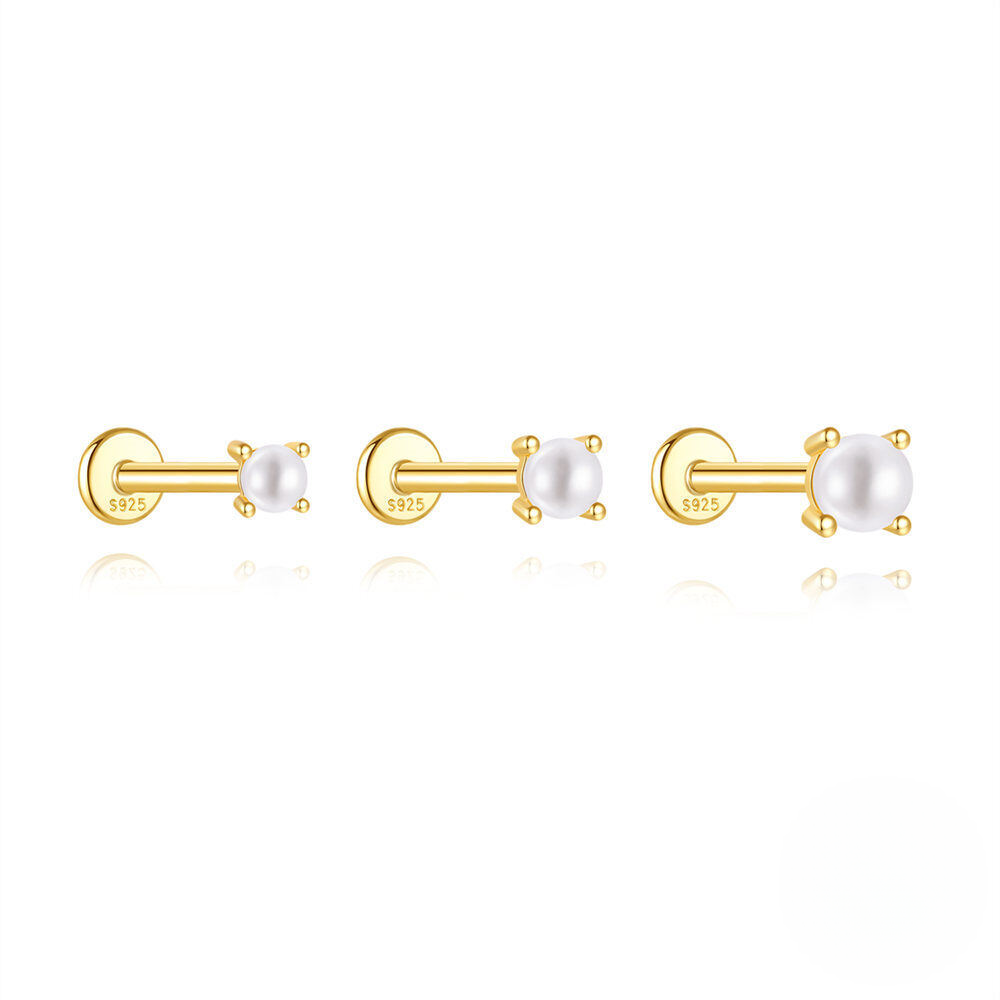 925 Sterling Silver Classic Multi-size Pearl Flat Head Threaded Ear Cartilage Piercing Earrings Korean Japanese Minimalist Style