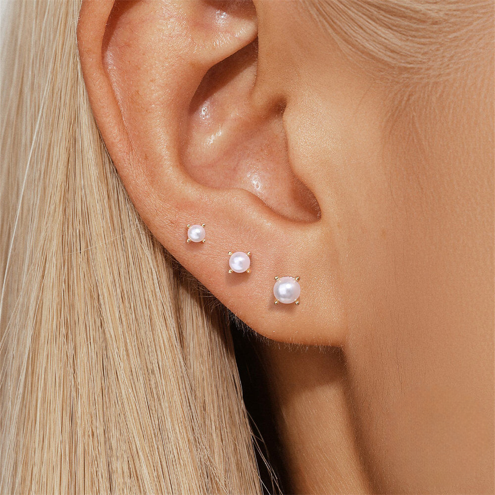 925 Sterling Silver Classic Multi-size Pearl Flat Head Threaded Ear Cartilage Piercing Earrings Korean Japanese Minimalist Style