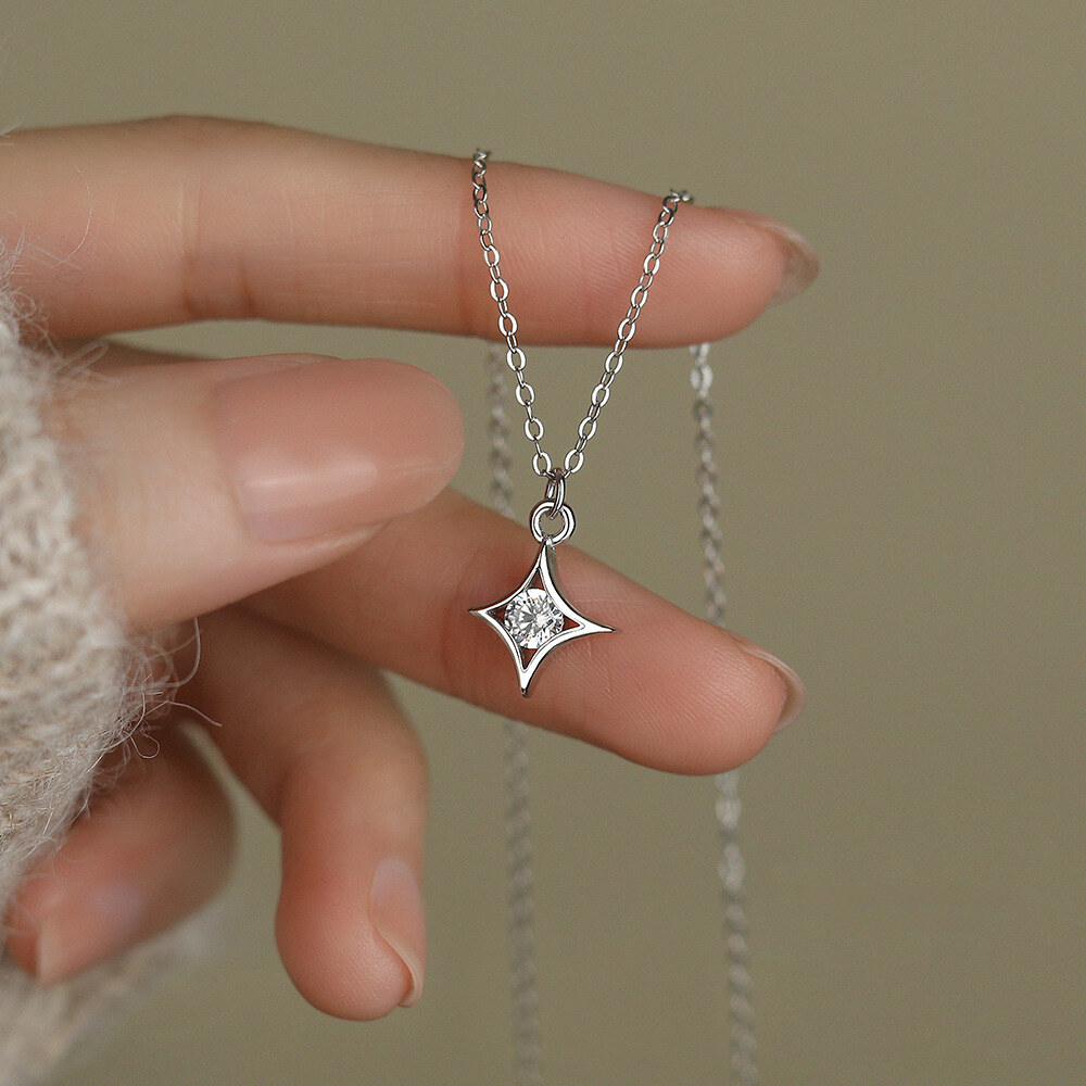 925 Sterling Silver Korean-style Light Luxury Super Sparkling Zirconia Four-pointed Star Necklace For Women Trendy And Versatile Simple Star Collarbone Chain