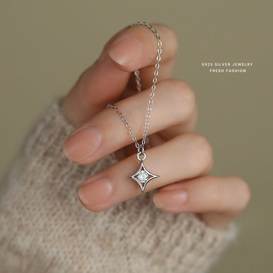 925 Sterling Silver Korean-style Light Luxury Super Sparkling Zirconia Four-pointed Star Necklace For Women Trendy And Versatile Simple Star Collarbone Chain