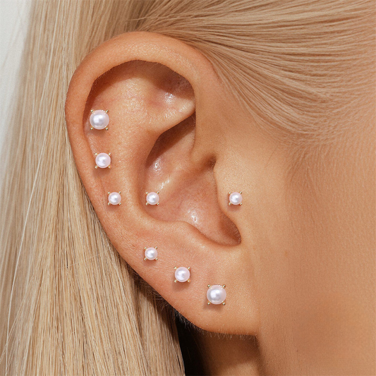 925 Sterling Silver Classic Multi-size Pearl Flat Head Threaded Ear Cartilage Piercing Earrings Korean Japanese Minimalist Style