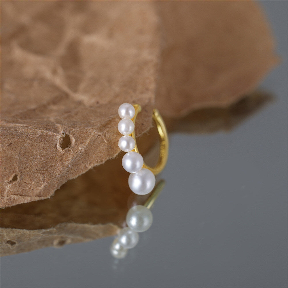 925 Sterling Silver Small And Large Pearl Hoop Ear Cuffs Korean Style Minimalist Earrings For Non-pierced Ears