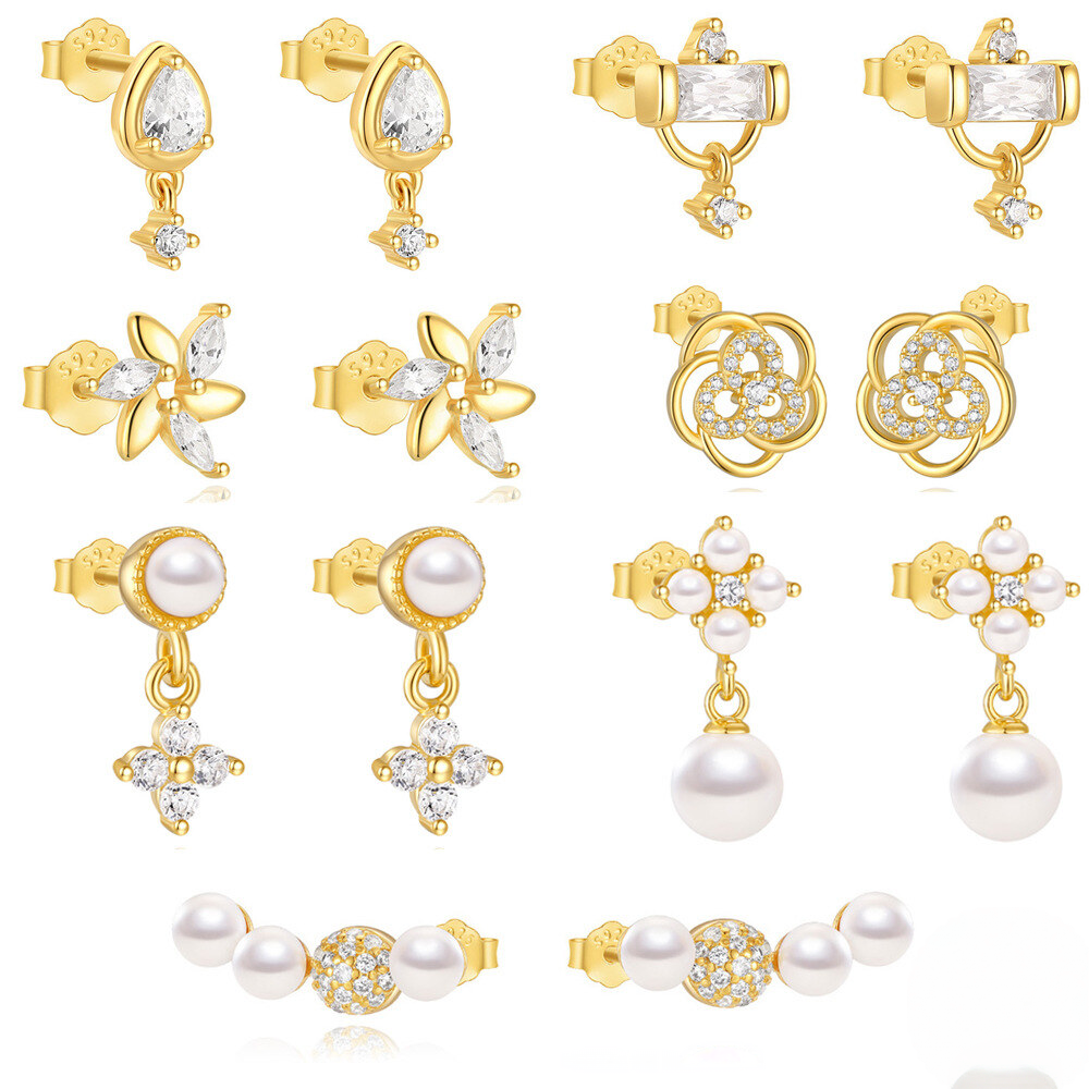 925 Sterling Silver Fashionable Petal Zircon And Pearl Earrings Korean Style Minimalist Studs