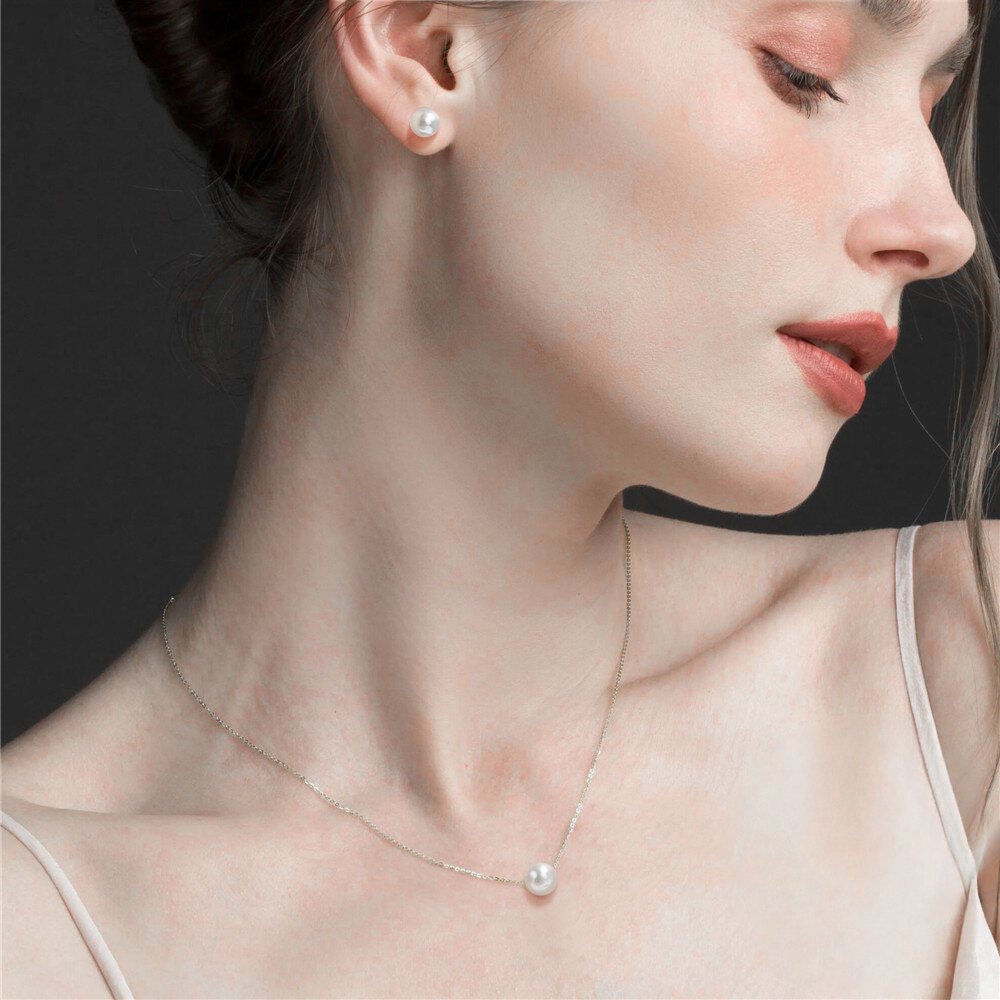 925 Sterling Silver New Pearl Earring And Necklace Set Clavicle Chain Korean Style