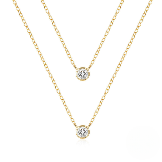 S925 Sterling Silver Double Layered Stackable Classic Single Zircon Pendant Necklace
