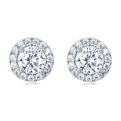925 Sterling Silver Classic Halo Moissanite Stud Earrings In Platinum