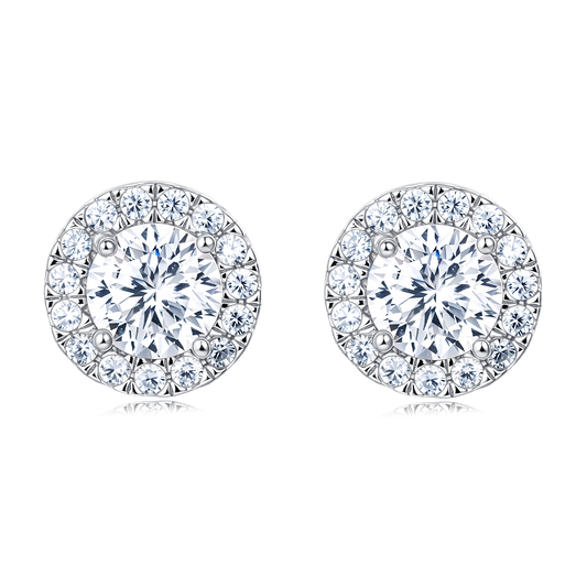 925 Sterling Silver Classic Halo Moissanite Stud Earrings In Platinum